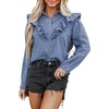 image:imageCHARTOU Women Ruffle Denim Shirt Top Fall Lapel Collar Button Down Long Sleeve Jean CoatBlue