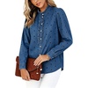 image:imageWomen Polka Dot Denim Shirt Ruffle Trim Button Down Blouse Casual Jean TopsDark Blue