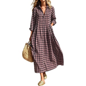 image:imageCHARTOU Women Gingham Maxi Shirt Dress Casual Long Sleeve Button Down Flowy Plaid DressBlack Pink