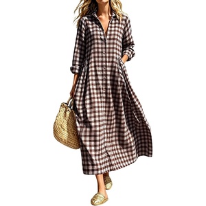 image:imageCHARTOU Women Gingham Maxi Shirt Dress Casual Long Sleeve Button Down Flowy Plaid DressBrown