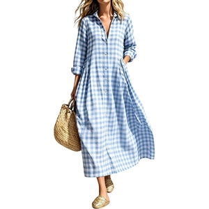 image:imageCHARTOU Women Gingham Maxi Shirt Dress Casual Long Sleeve Button Down Flowy Plaid DressLight Blue