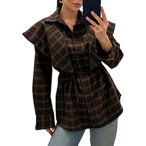 image:imageCHARTOU Women Plaid Shirt Top Detachable Shawl Button Down Long Sleeve Blouses with BeltCoffee