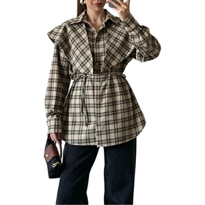 image:imageCHARTOU Women Plaid Shirt Top Detachable Shawl Button Down Long Sleeve Blouses with BeltKhaki