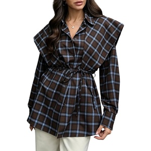 image:imageCHARTOU Women Plaid Shirt Top Detachable Shawl Button Down Long Sleeve Blouses with BeltNavy