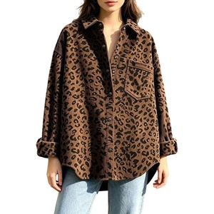 image:imageCHARTOU Womens Leopard Corduroy Oversized Snap Button Shirt Jacket with PocketsBrown