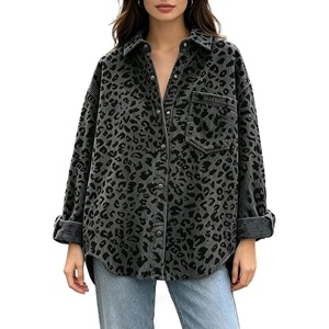 image:imageCHARTOU Womens Leopard Corduroy Oversized Snap Button Shirt Jacket with PocketsGrey