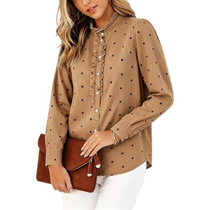 image:imageWomen Polka Dot Denim Shirt Ruffle Trim Button Down Blouse Casual Jean TopsKhaki