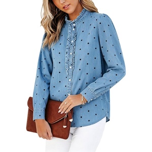 image:imageWomen Polka Dot Denim Shirt Ruffle Trim Button Down Blouse Casual Jean TopsLight Blue