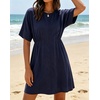 image:imageCHARTOU Womens Casual Summer Dress Cotton Linen Sundresses Loose Fit Short Sleeve Elastic Waist Mini Dress with PocketsNavy
