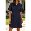 image:imageCHARTOU Womens Casual Summer Dress Cotton Linen Sundresses Loose Fit Short Sleeve Elastic Waist Mini Dress with PocketsNavy