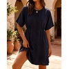 image:imageCHARTOU Womens Casual Summer Dress Cotton Linen Sundresses Loose Fit Short Sleeve Elastic Waist Mini Dress with PocketsNavy