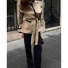 image:imageCHARTOU Womens Fall Winter Contrast Trim Wool Coat Belted Cinched Waist Casual Office Jacket with PocketsKhaki