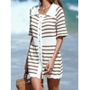 image:imageCHARTOU Womens Nautical Striped Mini Dress Summer Button Down Knit Beach DressesBrown