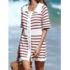 image:imageCHARTOU Womens Nautical Striped Mini Dress Summer Button Down Knit Beach DressesWine Red