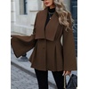 image:imageWomen Wool Pea Coat Jacket Fall Winter Lapel Flared Long Sleeve Pleated Outwear Trench OvercoatDark Brown