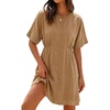 image:imageCHARTOU Womens Casual Summer Dress Cotton Linen Sundresses Loose Fit Short Sleeve Elastic Waist Mini Dress with PocketsKhaki