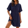 image:imageCHARTOU Womens Casual Summer Dress Cotton Linen Sundresses Loose Fit Short Sleeve Elastic Waist Mini Dress with PocketsNavy