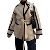 image:imageCHARTOU Womens Fall Winter Contrast Trim Wool Coat Belted Cinched Waist Casual Office Jacket with PocketsKhaki