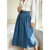 image:imageWomens High Waisted Denim Midi Skirt Button Front ALine Flared Jean SkirtBlue