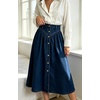 image:imageWomens High Waisted Denim Midi Skirt Button Front ALine Flared Jean SkirtDark Blue