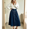 image:imageWomens High Waisted Denim Midi Skirt Button Front ALine Flared Jean SkirtDark Blue