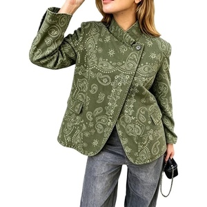 image:imageWomen Paisley Jean Jacket Dressy Stand Collar Button Down Pin Striped Print Denim Coat with PocketsArmy Paisley