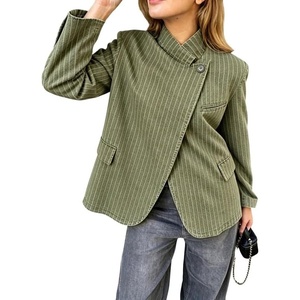 image:imageWomen Paisley Jean Jacket Dressy Stand Collar Button Down Pin Striped Print Denim Coat with PocketsArmy Stripes
