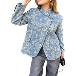 image:imageWomen Paisley Jean Jacket Dressy Stand Collar Button Down Pin Striped Print Denim Coat with PocketsBlue Paisley