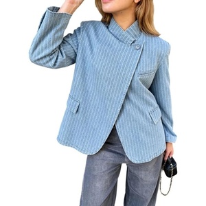 image:imageWomen Paisley Jean Jacket Dressy Stand Collar Button Down Pin Striped Print Denim Coat with PocketsBlue Stripes