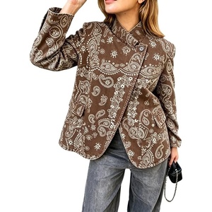 image:imageWomen Paisley Jean Jacket Dressy Stand Collar Button Down Pin Striped Print Denim Coat with PocketsChocolate Brown Paisley