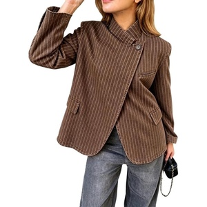 image:imageWomen Paisley Jean Jacket Dressy Stand Collar Button Down Pin Striped Print Denim Coat with PocketsChocolate Brown Stripes