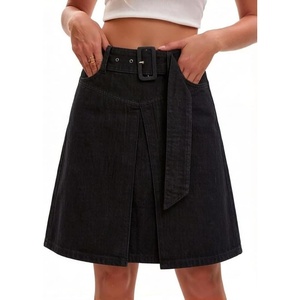 image:imageWomens Summer High Waisted Belted Denim Skirt Casual Knee Length ALine Midi Jean Skirt with PocketsBlack
