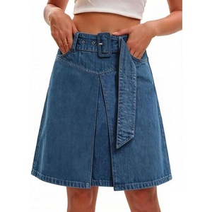 image:imageWomens Summer High Waisted Belted Denim Skirt Casual Knee Length ALine Midi Jean Skirt with PocketsBlue