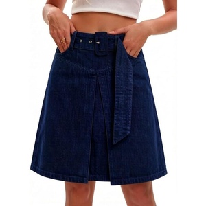 image:imageWomens Summer High Waisted Belted Denim Skirt Casual Knee Length ALine Midi Jean Skirt with PocketsDark Blue