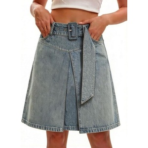 image:imageWomens Summer High Waisted Belted Denim Skirt Casual Knee Length ALine Midi Jean Skirt with PocketsRetro Blue
