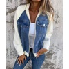 image:imageWomen Bomber Jacket Zip Up Denim Patchwork Varsity Baseball Denim JacketBlue