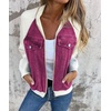 image:imageWomen Bomber Jacket Zip Up Denim Patchwork Varsity Baseball Denim JacketPurple