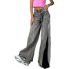 image:imageWomen Side Stripes Patchwork Wide Leg Denim Pants Vintage Back Smocked Waist Raw Boyfriend Baggy JeansGrey