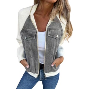 image:imageWomen Bomber Jacket Zip Up Denim Patchwork Varsity Baseball Denim JacketGrey