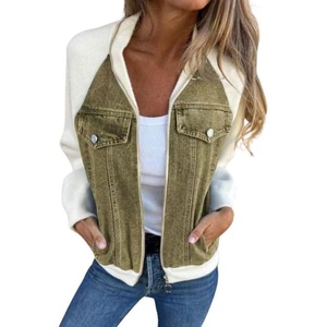 image:imageWomen Bomber Jacket Zip Up Denim Patchwork Varsity Baseball Denim JacketOlive