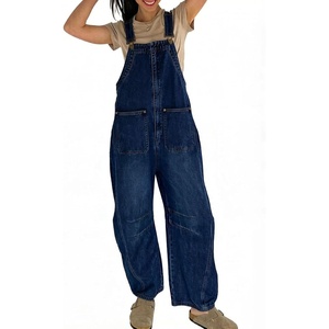 image:imageY2k Barrel Jeans Overalls Womens Boyfriend Denim Jumpsuit Cargo Patchwork Baggy Jeans Cropped PantsDark Blue