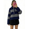 image:imageCHARTOU Women Color Block Striped Polo Half Button Knit Sweater Cropped Pullover JumperGrey