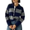 image:imageCHARTOU Women Color Block Striped Polo Half Button Knit Sweater Cropped Pullover JumperGrey