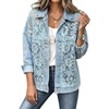 image:imageWomen Floral Lace Patchwork Denim Jacket Buttoned Long Sleeve CoatLight Blue