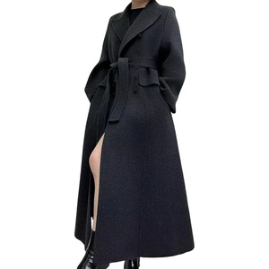 image:imageWomen Long Winter Wool Pea Coat Lapel Double Breasted Trench Over Coat with BeltBlack