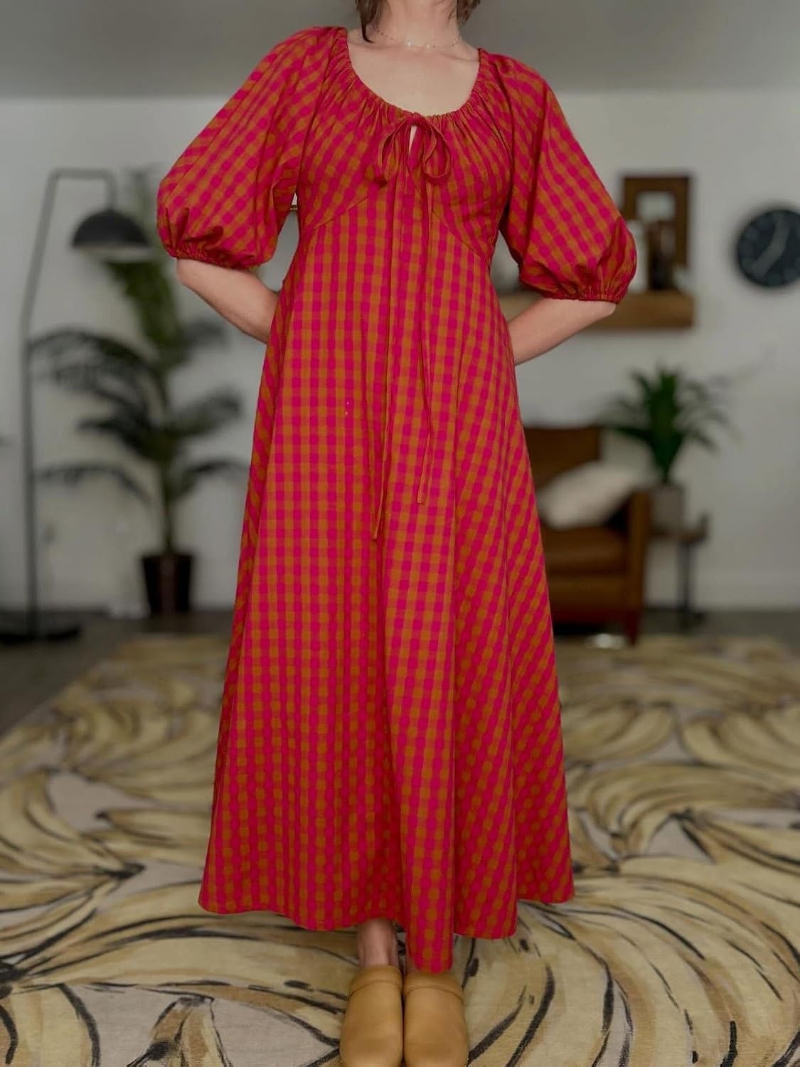image:imageCHARTOU Women Puff Sleeve Plaid Long Dress Summer Tie Font Flowy Fairy Cottagecore DressRed