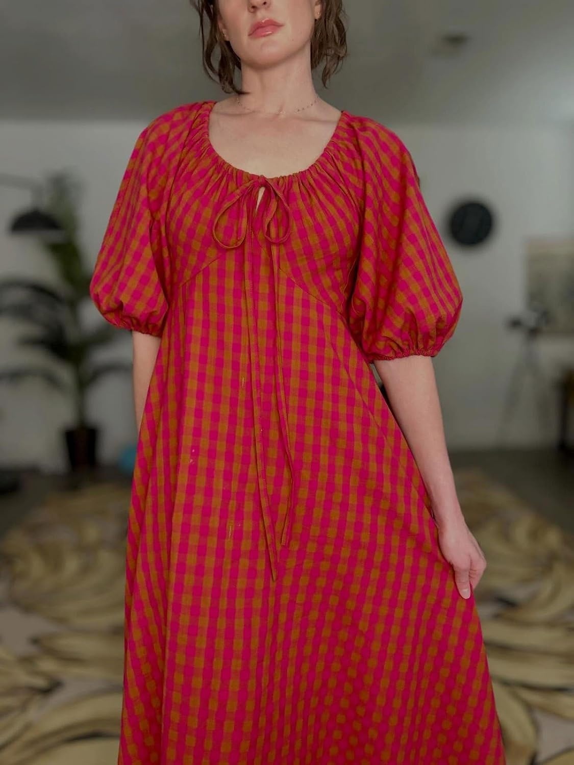 image:imageCHARTOU Women Puff Sleeve Plaid Long Dress Summer Tie Font Flowy Fairy Cottagecore DressRed