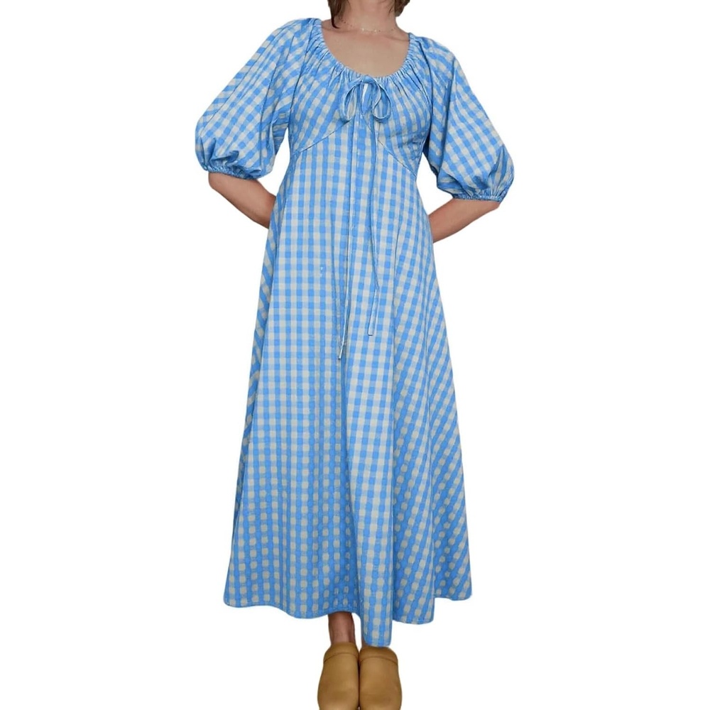 image:imageCHARTOU Women Puff Sleeve Plaid Long Dress Summer Tie Font Flowy Fairy Cottagecore DressBlue