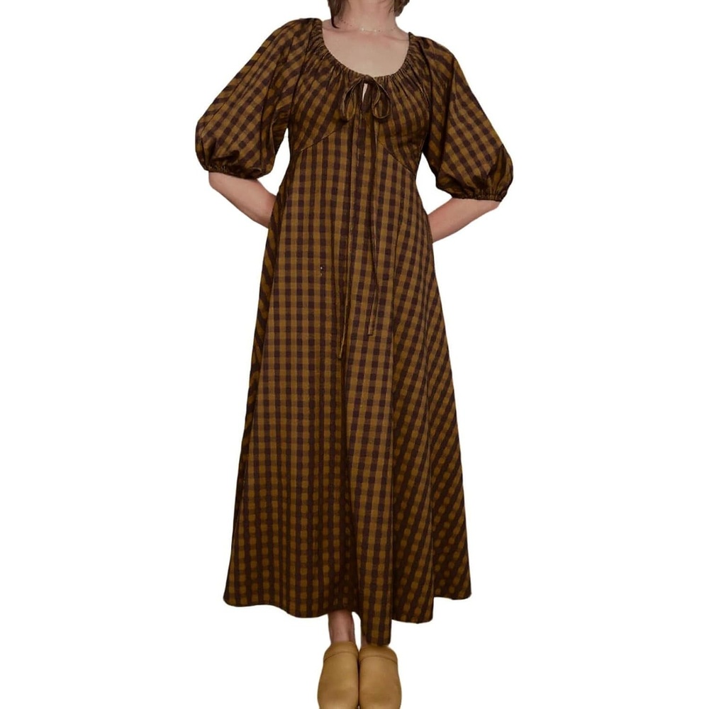 image:imageCHARTOU Women Puff Sleeve Plaid Long Dress Summer Tie Font Flowy Fairy Cottagecore DressBrown