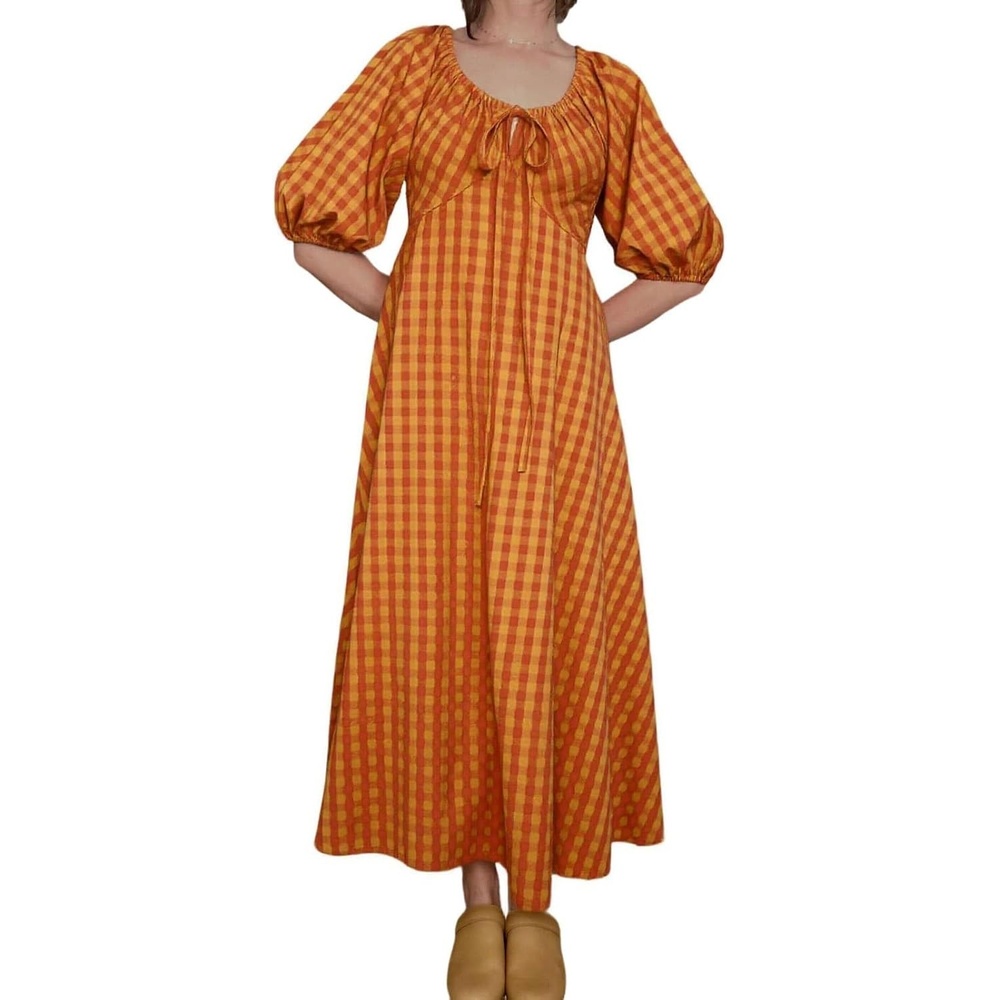 image:imageCHARTOU Women Puff Sleeve Plaid Long Dress Summer Tie Font Flowy Fairy Cottagecore DressOrange